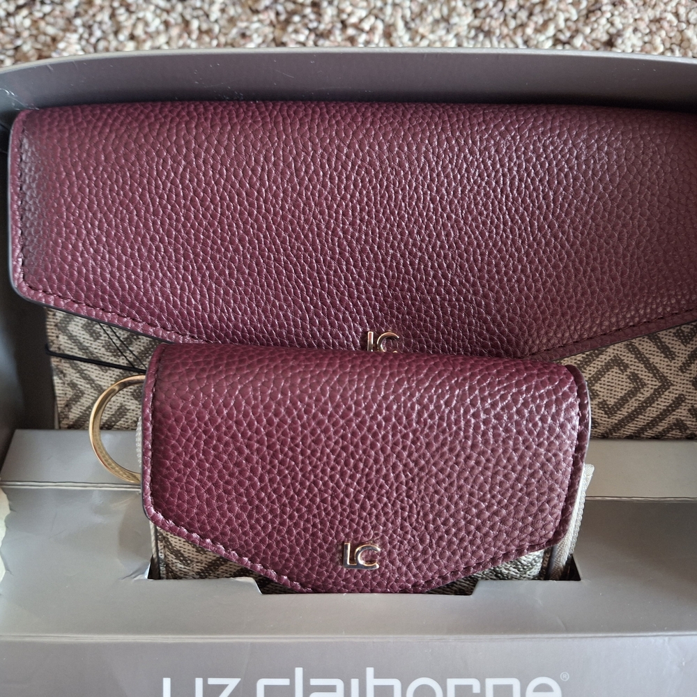 Liz Claiborne Plum Pebbled Leather Wallet and Key Card Case Set